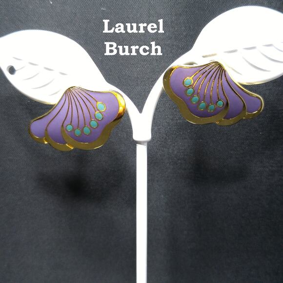 Laurel Burch Peony Post Earrings, Gold Plated Cloisonne Enamel, 1980s Vintage - Picture 10 of 10